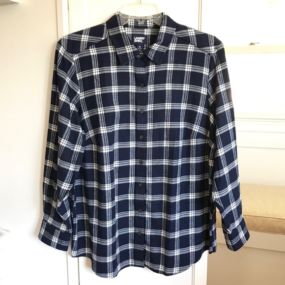 LANDS’ END Flannel Boyfriend Fit Shirt Plaid Blue & White Women’s Plus Size 1X - Picture 1 of 16